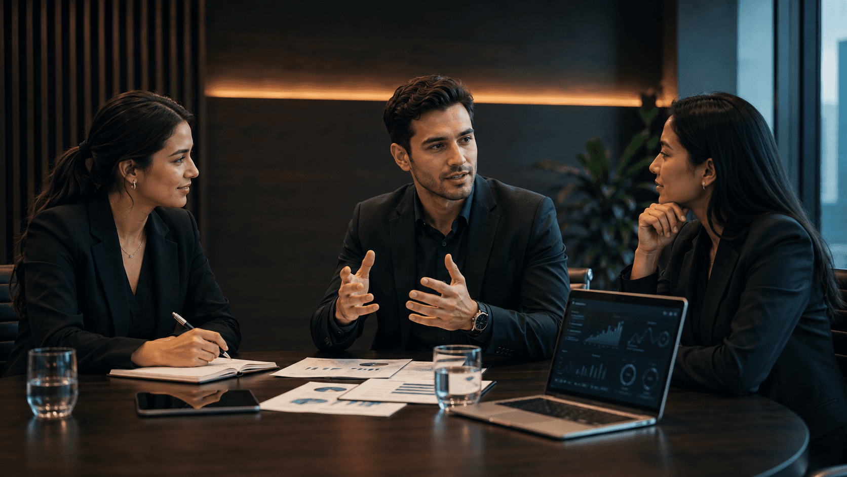 Three colleagues in a dimly lit conference room, one gesturing while speaking, with a laptop dashboard and printed charts on the table between them.